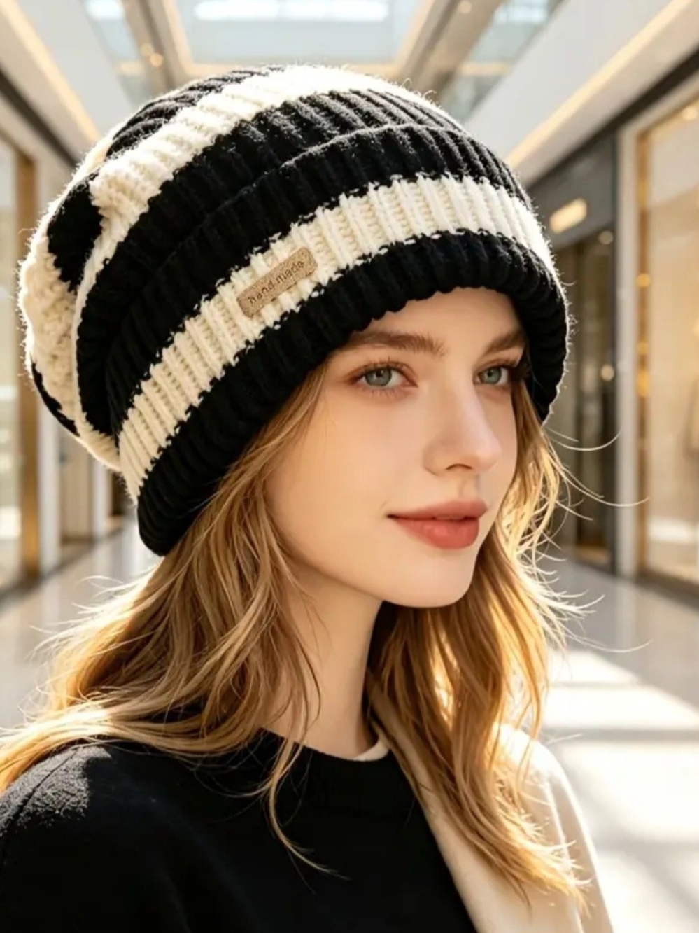 Striped Black and White Knit Beanie - Women Accessories